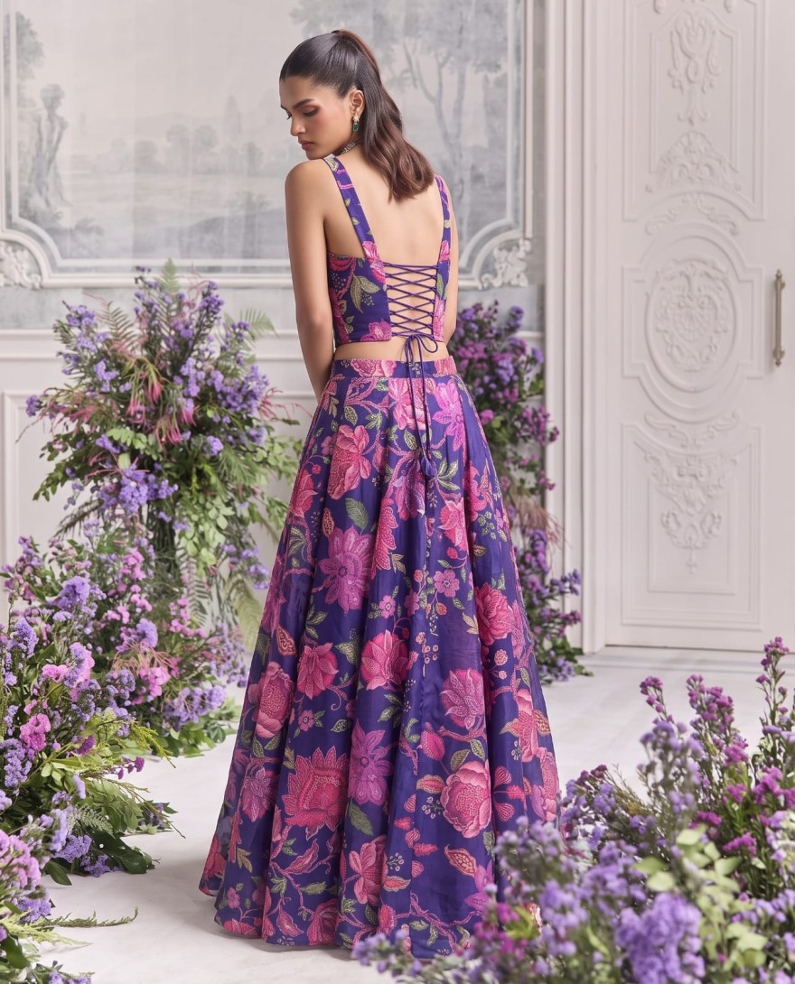 BLUE - Blue Floral Tabby Organza Party Wear Lehenga Set